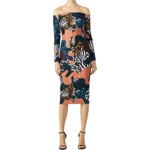 Yigal Azrouel 2 Multicolor Mash Up Animal Print Off Shoulder Long Sleeve Dress
